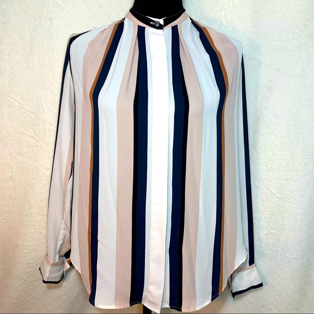 🩷Ann Taylor Vertical Stripe Button-Front Blouse in Navy, White, Beige, and Camel